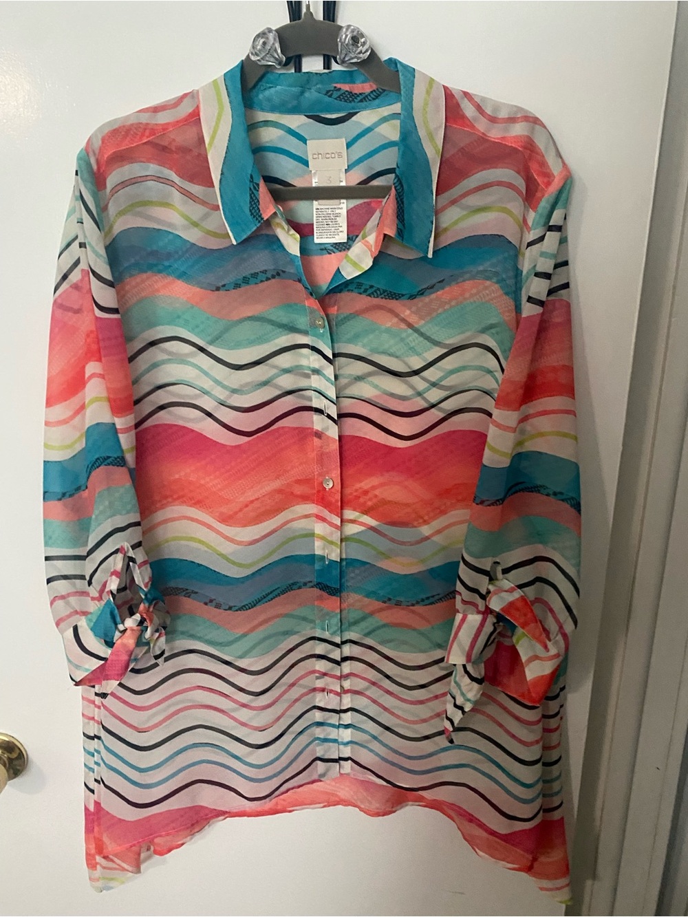 Chico's Multicolor Wave Stripe Button-Down Shirt - Coral, Teal, Pink
